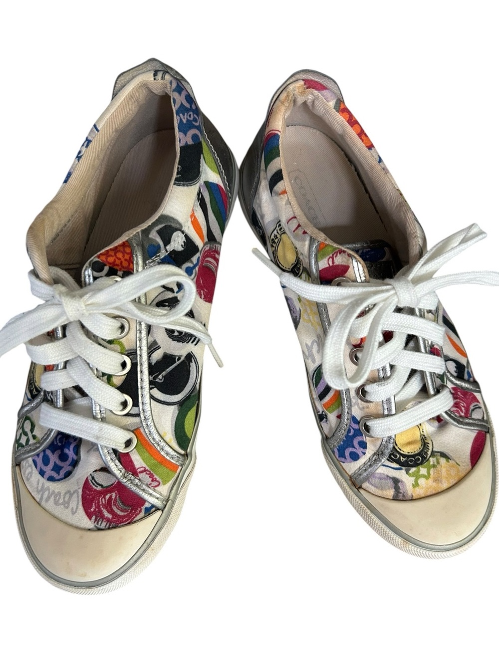 Coach Barrett Graffiti Poppy Multi Color Canvas Logo Sneakers Silver Size 6